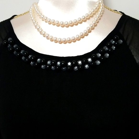 Black Shift Dress with Beads & Embellishments Sheer Long Sleeves - Picture 4 of 16